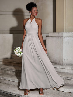 Halter Chiffon Long Dresses for Bridesmaids-Silver