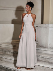 Halter Chiffon Long Dresses for Bridesmaids-Silver