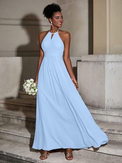 Halter Chiffon Long Dresses for Bridesmaids-Sky Blue