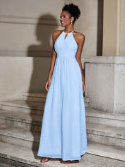 Halter Chiffon Long Dresses for Bridesmaids-Sky Blue