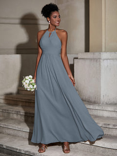 Halter Chiffon Long Dresses for Bridesmaids-Slate Blue