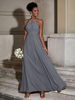 Halter Chiffon Long Dresses for Bridesmaids-Steel Grey