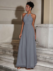 Halter Chiffon Long Dresses for Bridesmaids-Steel Grey