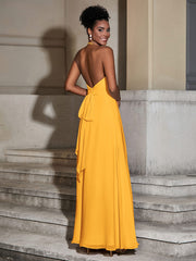 Halter Chiffon Long Dresses for Bridesmaids-Tangerine