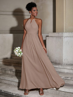 Halter Chiffon Long Dresses for Bridesmaids-Taupe