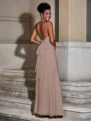 Halter Chiffon Long Dresses for Bridesmaids-Taupe