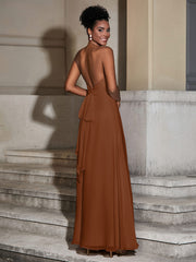 Halter Chiffon Long Dresses for Bridesmaids-Terracotta