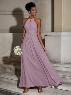 Halter Chiffon Long Dresses for Bridesmaids-Vintage Mauve