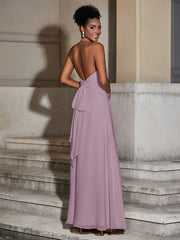 Halter Chiffon Long Dresses for Bridesmaids-Vintage Mauve
