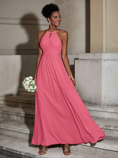 Halter Chiffon Long Dresses for Bridesmaids-Watermelon