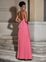 Halter Chiffon Long Dresses for Bridesmaids-Watermelon