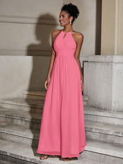 Halter Chiffon Long Dresses for Bridesmaids-Watermelon