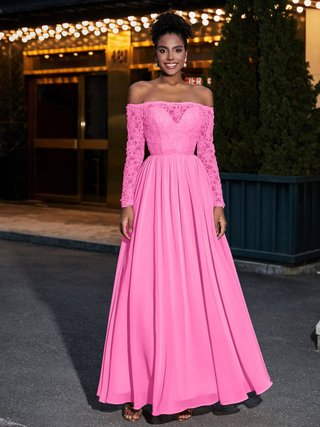 BABARONI Chiffon Watermelon Bridesmaid Dresses Off-the-shoulder Floor-length Long Sleeve Lace Pocket A-line, Watermelon / US0