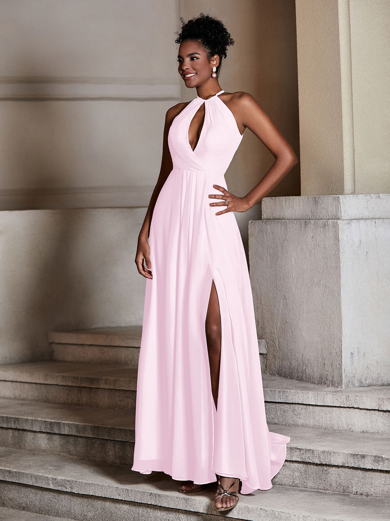 blush pink floor length dress BABARONI Chiffon Blushing Bridesmaid Dresses Halter Floor-length Sleeveless Ruched with Slit A-line, Blushing Pink / US0 Baby Girl's smocked bubbles rompers Sherri Hill - 58096 this dress promises comfort Color:Black Lace/Caramel Lining
