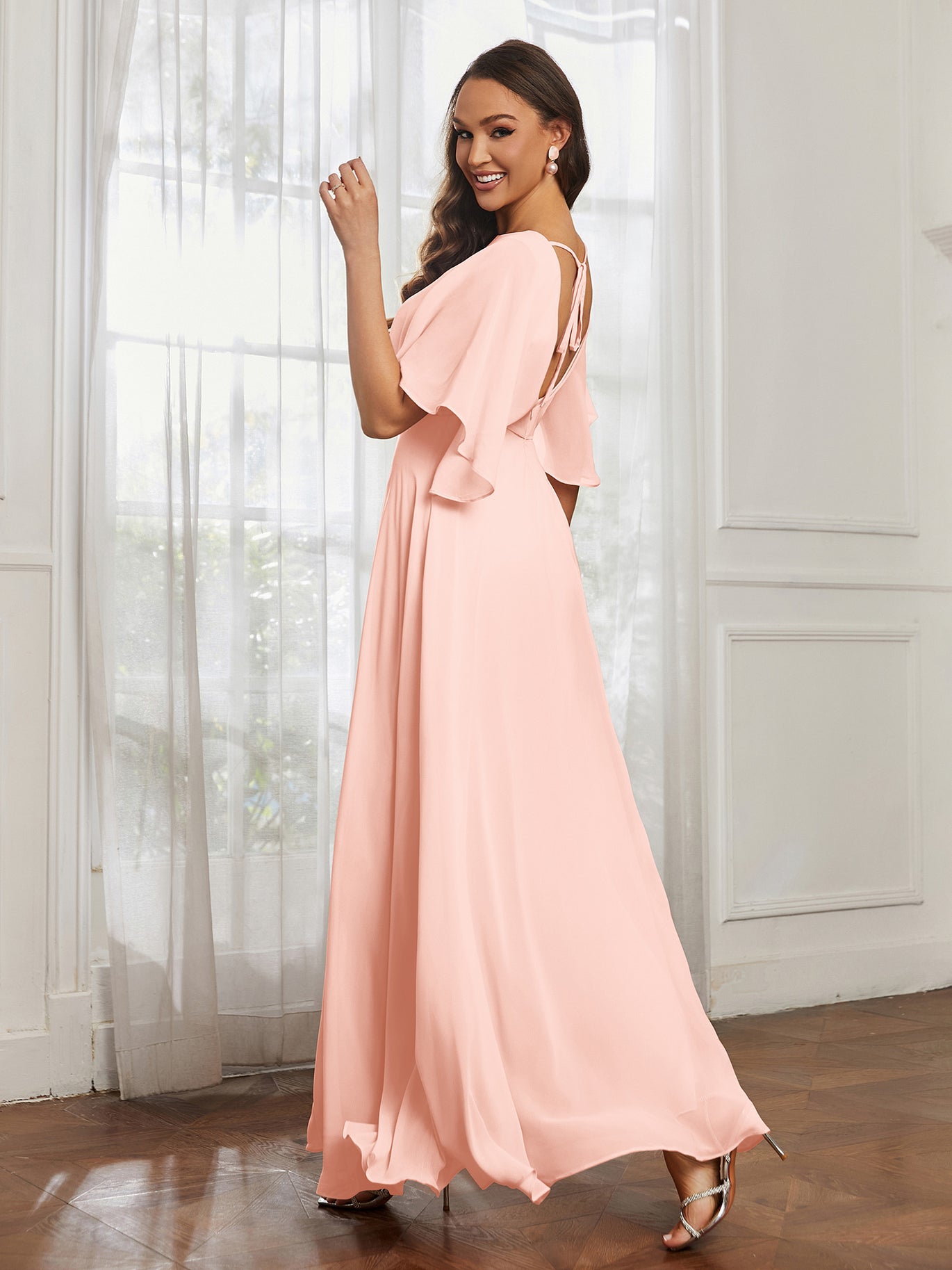 BABARONI Flutter Sleeves Long Chiffon Bridesmaid Dresses-Flamingo, Flamingo / US0 BABARONI Flutter Sleeves Long Chiffon Bridesmaid Dresses-Flamingo, Flamingo / US0