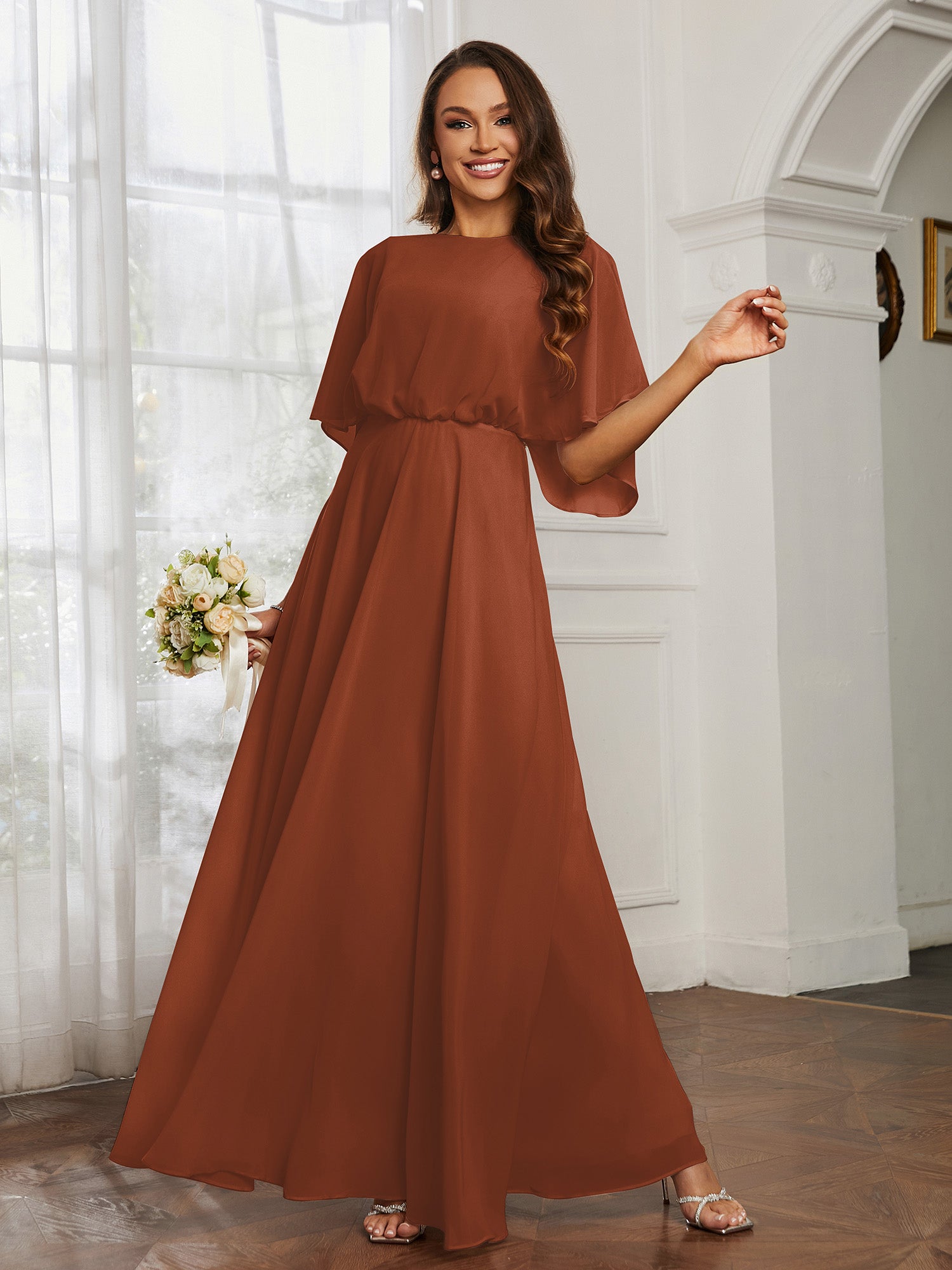 Long Chiffon Bridesmaid Dress with Flutter Sleeves Brown