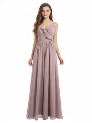 Spaghetti Strap Chiffon Bridesmaid Gowns with V-neck-Vintage Mauve