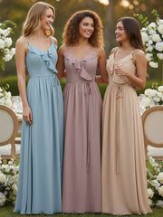Spaghetti Strap Chiffon Bridesmaid Gowns with V-neck-Vintage Mauve