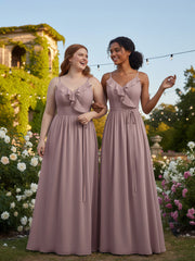 Spaghetti Strap Chiffon Bridesmaid Gowns with V-neck-Vintage Mauve