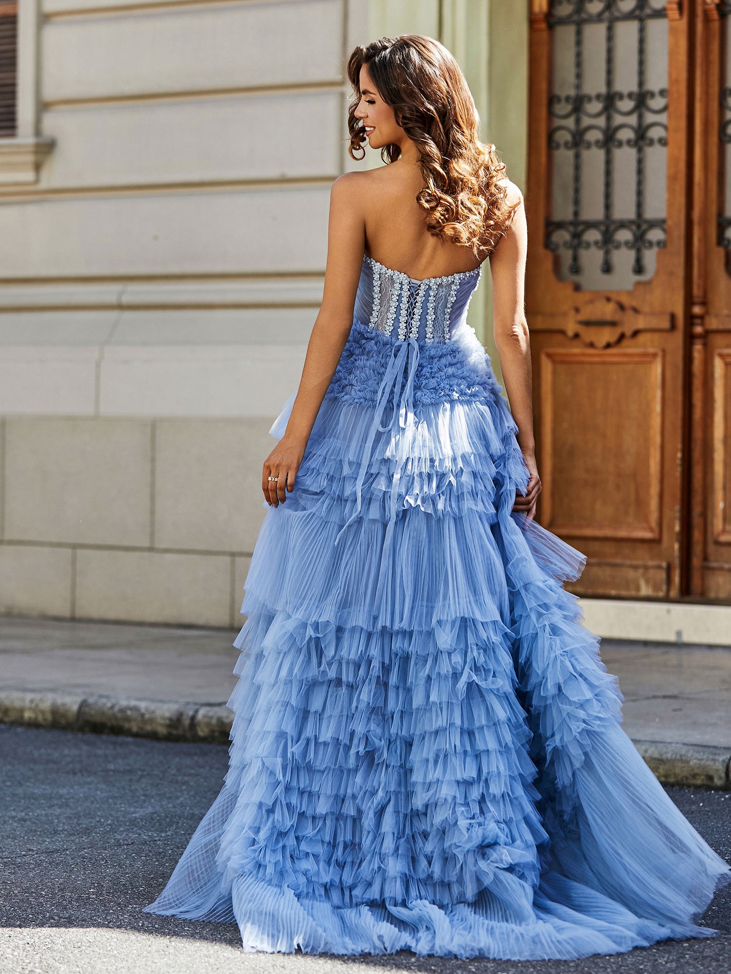 Strapless Corset Bodice Tulle Ball Gown Dusty Blue – BABARONI