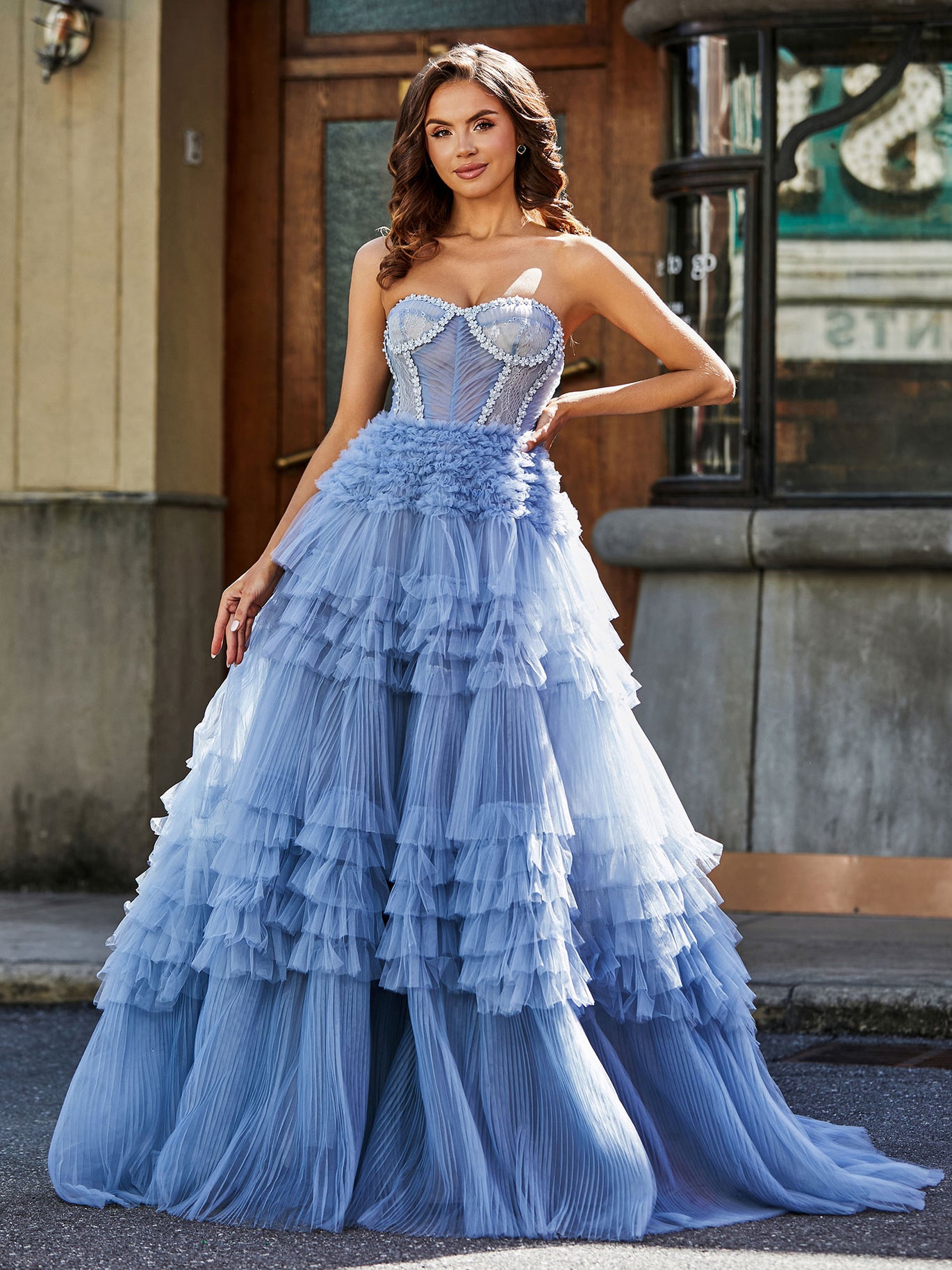 BABARONI BABARONI Tulle Dusty Blue Prom Dresses A-line Sweetheart Sleeveless Pleated Beaded, Dusty Blue / US0 BABARONI BABARONI Tulle Dusty Blue Prom Dresses A-line Sweetheart Sleeveless Pleated Beaded, Dusty Blue / US0