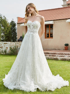 Sweetheart Neckline Lace Appliqued A-Line Wedding Dress Ivory
