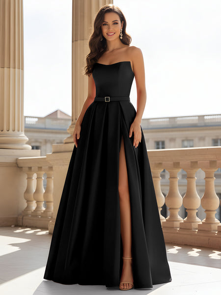 macy black dress BABARONI BABARONI Satin Black Prom Dresses A-line Strapless Sleeveless With Slit Pleated, Black / US0