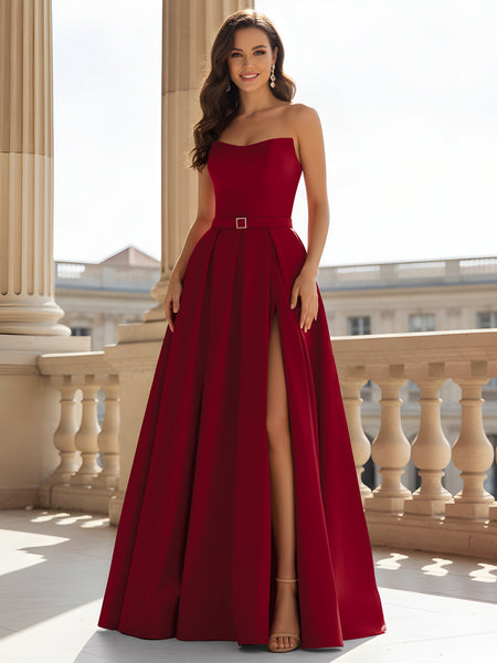 BABARONI BABARONI Satin Burgundy Prom Dresses A-line Strapless Sleeveless With Slit Pleated, Burgundy / US0 BABARONI BABARONI Satin Burgundy Prom Dresses A-line Strapless Sleeveless With Slit Pleated, Burgundy / US0