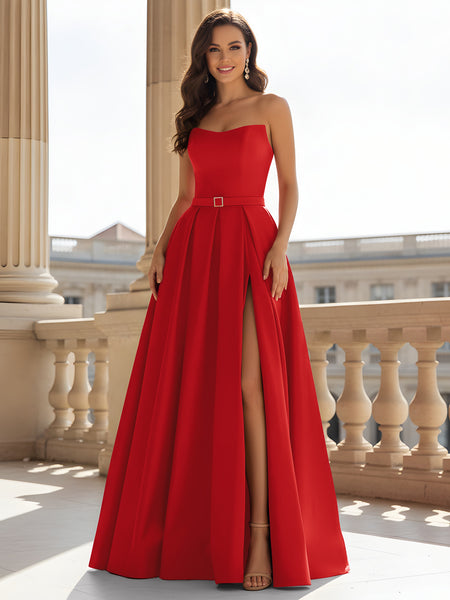 BABARONI Satin Red Prom Dresses A-line Strapless Sleeveless With Slit Pleated, Red / US0