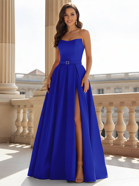 BABARONI BABARONI Satin Royal Blue Prom Dresses A-line Strapless Sleeveless With Slit Pleated, Royal Blue / US0 BABARONI BABARONI Satin Royal Blue Prom Dresses A-line Strapless Sleeveless With Slit Pleated, Royal Blue / US0
