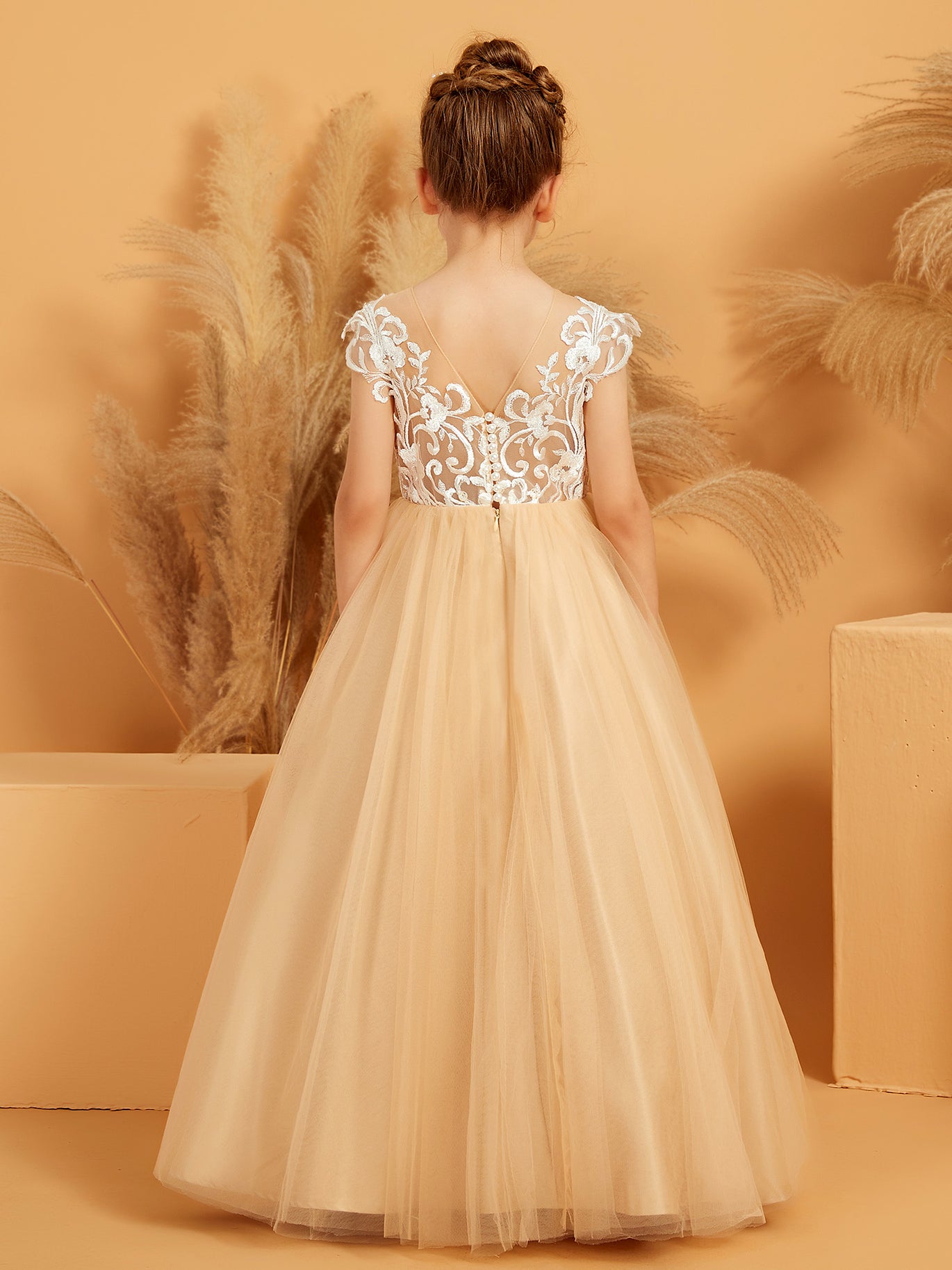 BABARONI Flower Girl Dress - Champagne Tulle & Ivory Lace Gown with Detachable Train