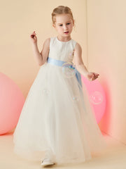 Lace Tulle Back Keyhole Flower Girl Dress with Sash