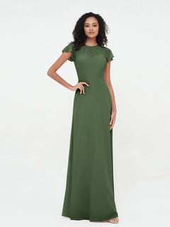 Illusion Neckline Chiffon Dresses with Cap Sleeves-Olive Green