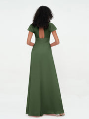 Illusion Neckline Chiffon Dresses with Cap Sleeves-Olive Green Plus Size