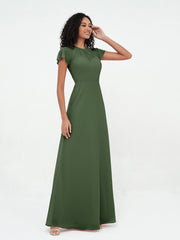 Illusion Neckline Chiffon Dresses with Cap Sleeves-Olive Green Plus Size