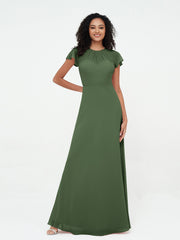 Illusion Neckline Chiffon Dresses with Cap Sleeves-Olive Green