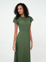Illusion Neckline Chiffon Dresses with Cap Sleeves-Olive Green