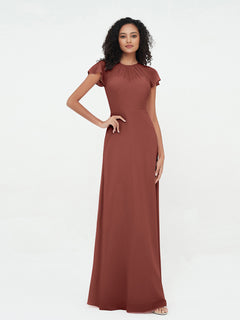 Illusion Neckline Chiffon Dresses with Cap Sleeves-Terracotta