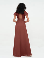 Illusion Neckline Chiffon Dresses with Cap Sleeves-Terracotta Plus Size