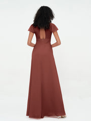 Illusion Neckline Chiffon Dresses with Cap Sleeves-Terracotta