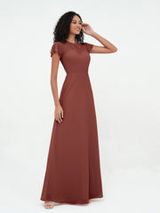 Illusion Neckline Chiffon Dresses with Cap Sleeves-Terracotta