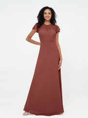 Illusion Neckline Chiffon Dresses with Cap Sleeves-Terracotta