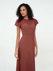 Illusion Neckline Chiffon Dresses with Cap Sleeves-Terracotta