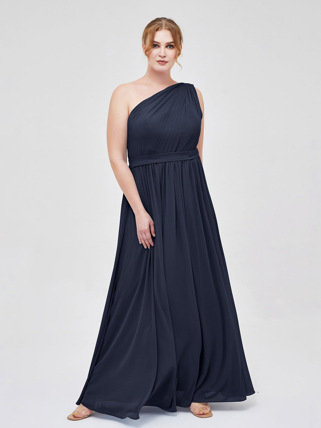 BABARONI Plus Size 2025 One Shoulder Chiffon Long Bridesmaid Dress-Dark Navy