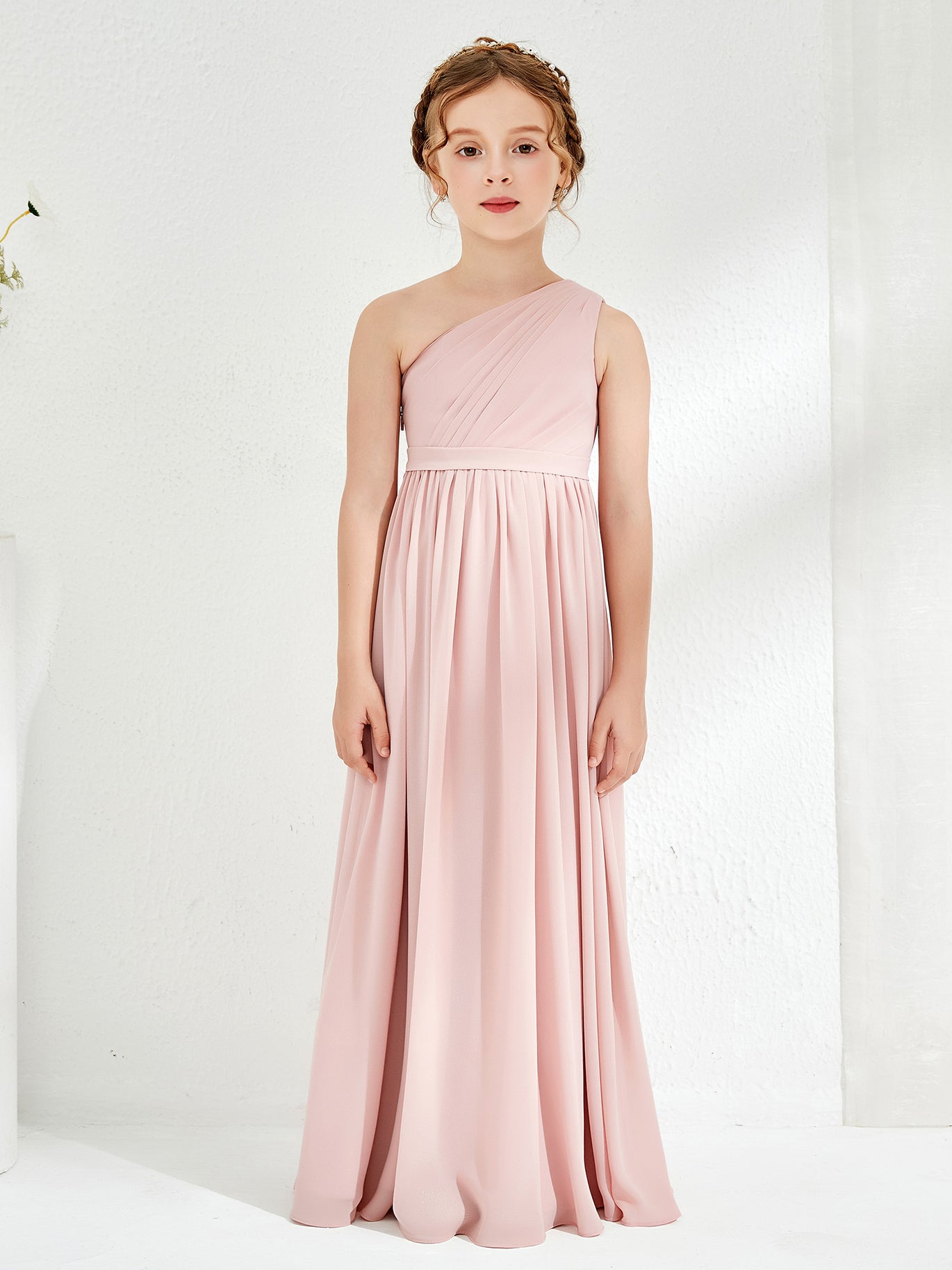 BABARONI Chiffon Dusty Rose Junior Bridesmaid Dresses A-line One Shoulder Sleeveless Ruched Floor-length, Dusty Rose / J4