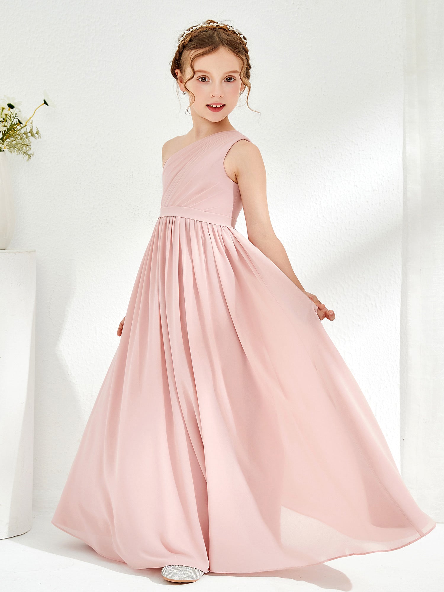 One Shoulder Pleated A-line Junior Bridesmaid Dress Dusk main image 0