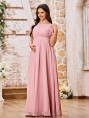 Empire Flutter Sleeves Floor Length Maxi Chiffon Dresses Dusty Rose