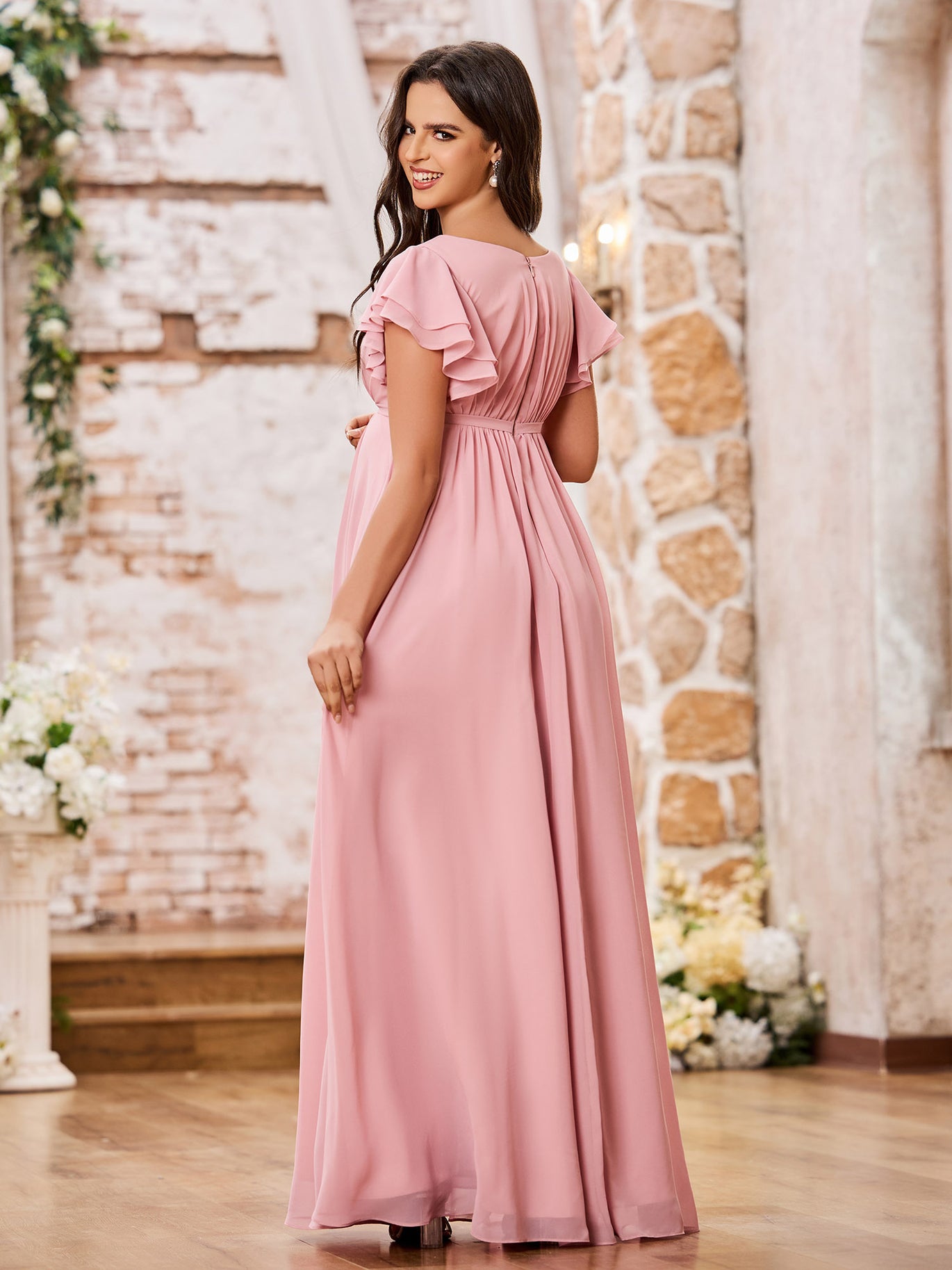 BABARONI Empire Flutter Sleeves Floor Length Maxi Chiffon Dresses Candy Pink, Candy Pink / US0 BABARONI Empire Flutter Sleeves Floor Length Maxi Chiffon Dresses Candy Pink, Candy Pink / US0