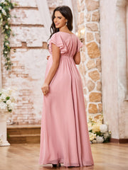 Empire Flutter Sleeves Floor Length Maxi Chiffon Dresses Dusty Rose
