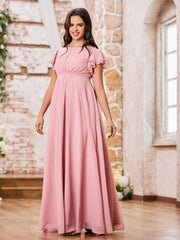 Empire Flutter Sleeves Floor Length Maxi Chiffon Dresses Dusty Rose